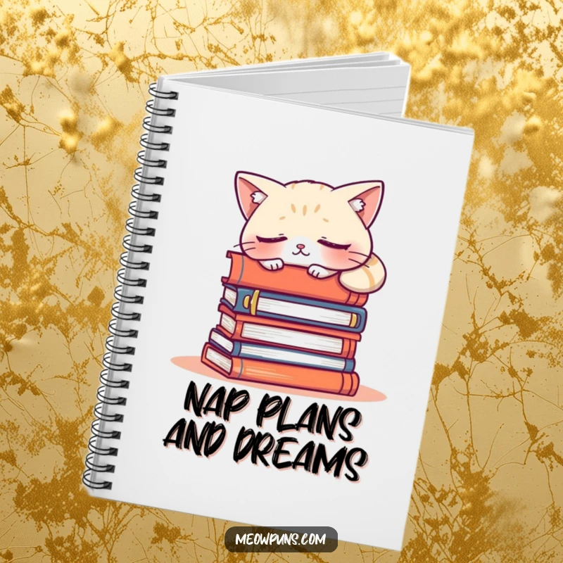 Funny notebook cover displaying a cute, sleepy cat character napping on a stack of books, encouraging writing and relaxation.