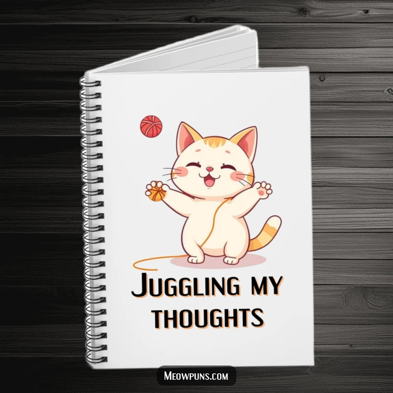 Funny Cat Notebook: Durable cover showcasing an enthusiastic cat juggling several balls of yarn, ready for notes and doodles.