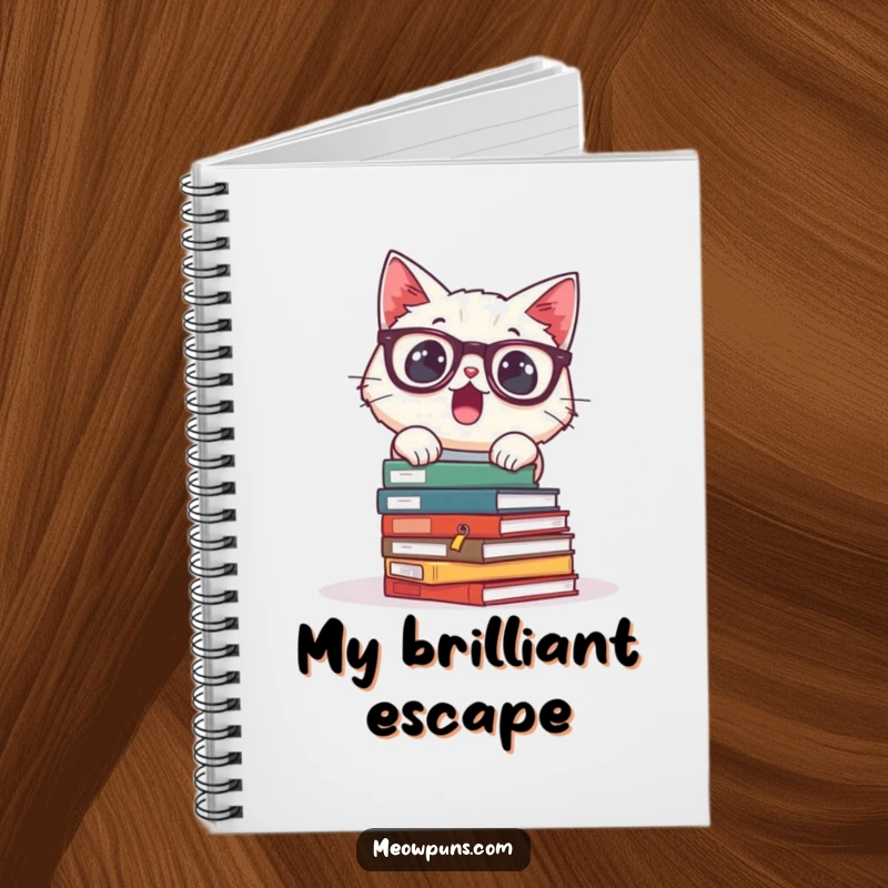 Funny notebook with a surprised cat wearing glasses and tumbling books, perfect for notes and academic musings.