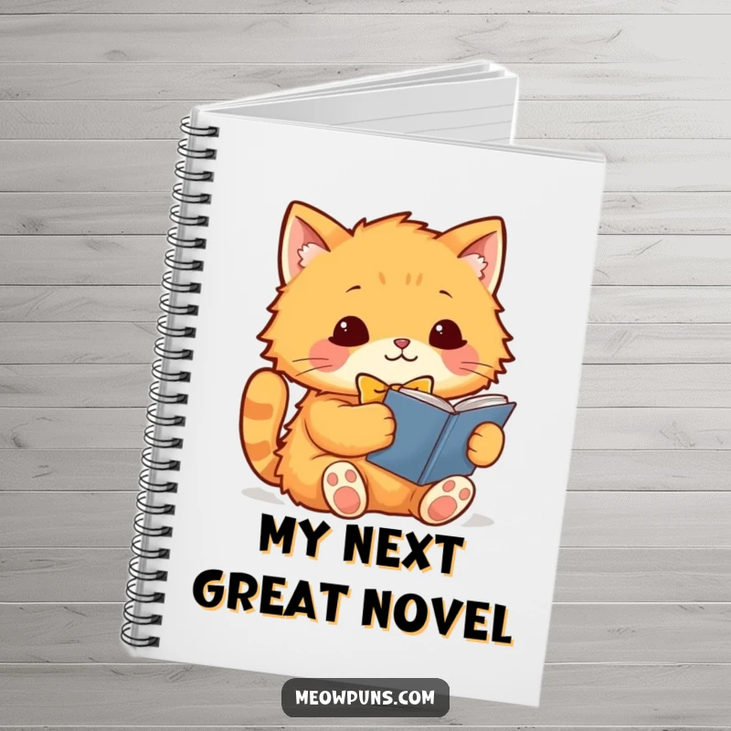 Funny orange cat with a bowtie reading a book, on the cover of a lined notebook, inspiring creativity and humor.