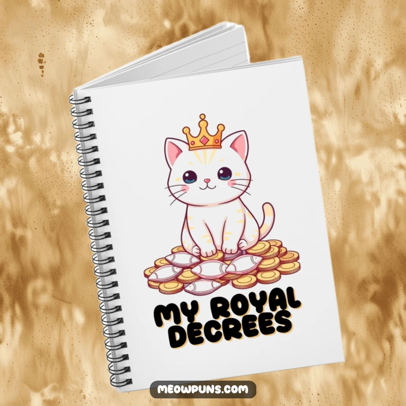 Funny notebook cover with a cat wearing a tiny crown and sitting on fish-shaped coins, ideal for recording royal thoughts.