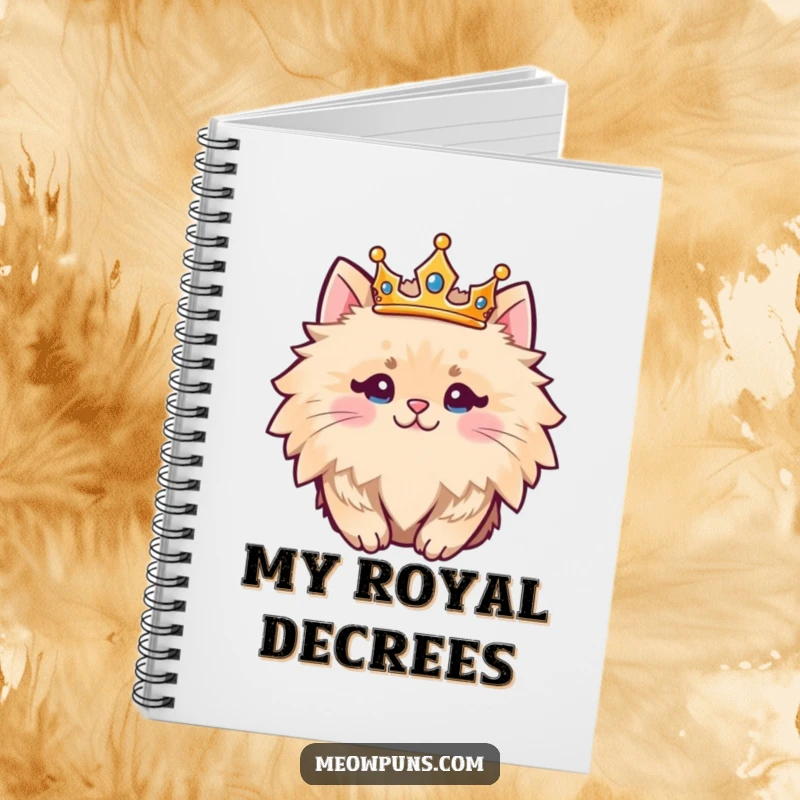 Funny fluffy cat character wearing a crown, inspiring regal thoughts and organization in this notebook.