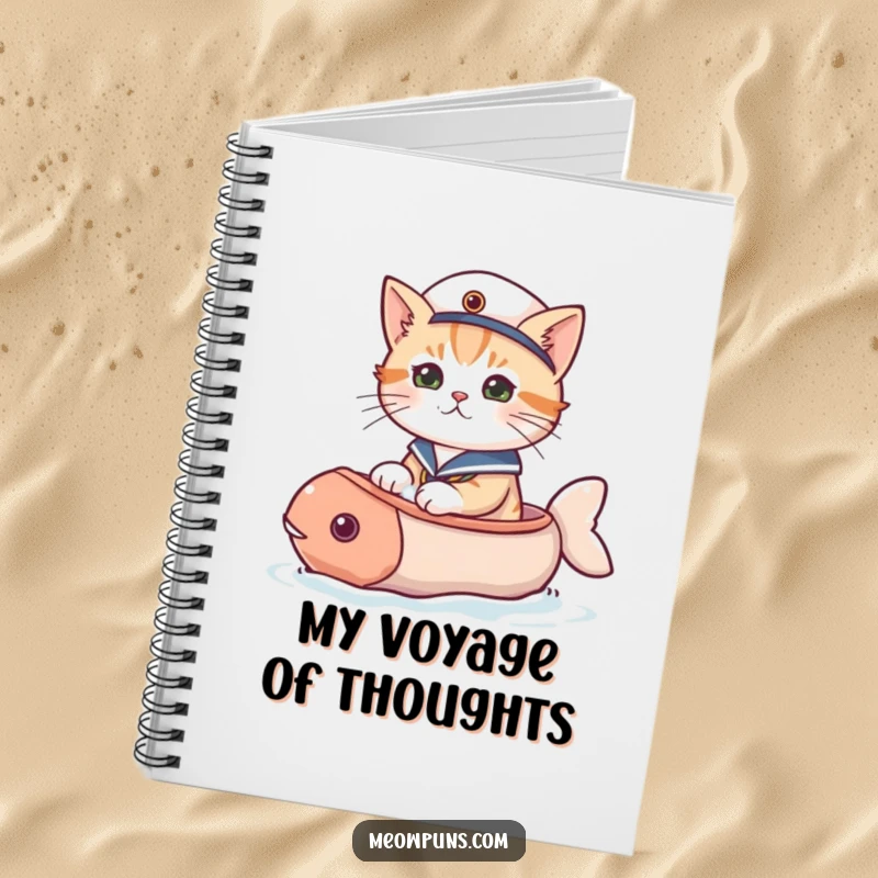 Funny cat notebook featuring a cat in a sailor hat sailing a fish-shaped boat, inspiring nautical-themed notes.