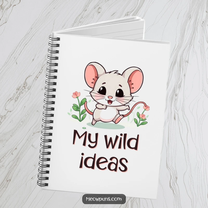 Funny notebook with a mischievous catnip mouse character, leading a tiny chase, ready to capture creative thoughts.