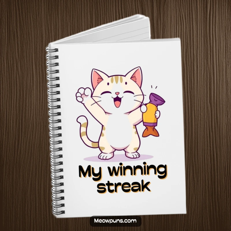 Funny cat notebook showing a cute cat in a triumphant pose after catching a toy, encouraging note-taking of wins.