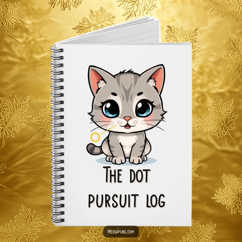 Funny notebook with a cat with wide, amazed eyes chasing a laser dot in a dizzying pattern, inspiring energetic planning and creative thoughts.