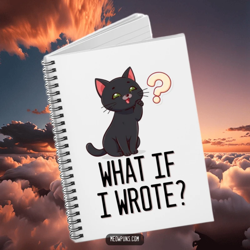 Funny black cat batting at a question mark, on the cover of a lined notebook, inspiring questions and creative writing.