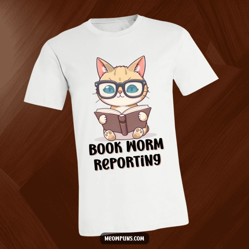 Funny cat with oversized glasses reading a book on a t-shirt, representing a love for literature and feline friends.