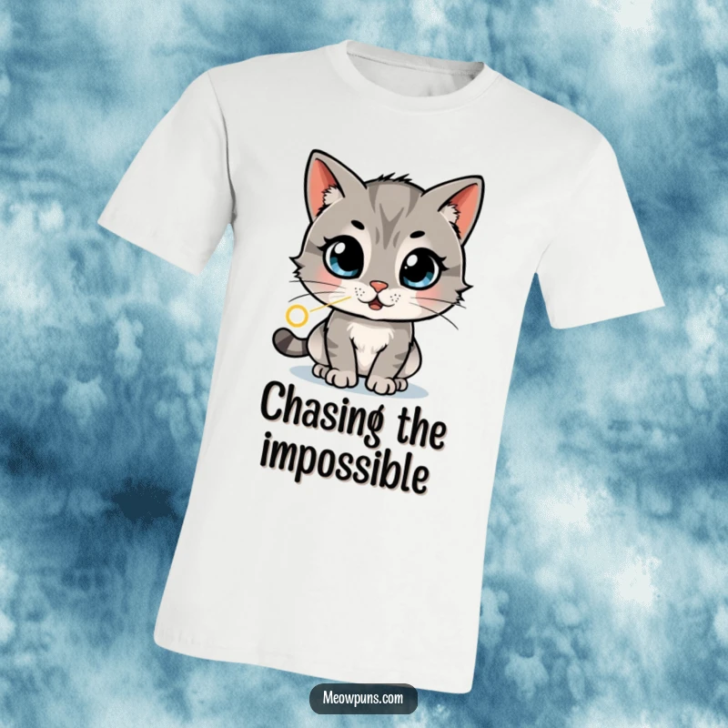 Funny cat t-shirt depicting a cat with wide, amazed eyes chasing a laser dot in a dizzying, swirling pattern, full of playful energy.