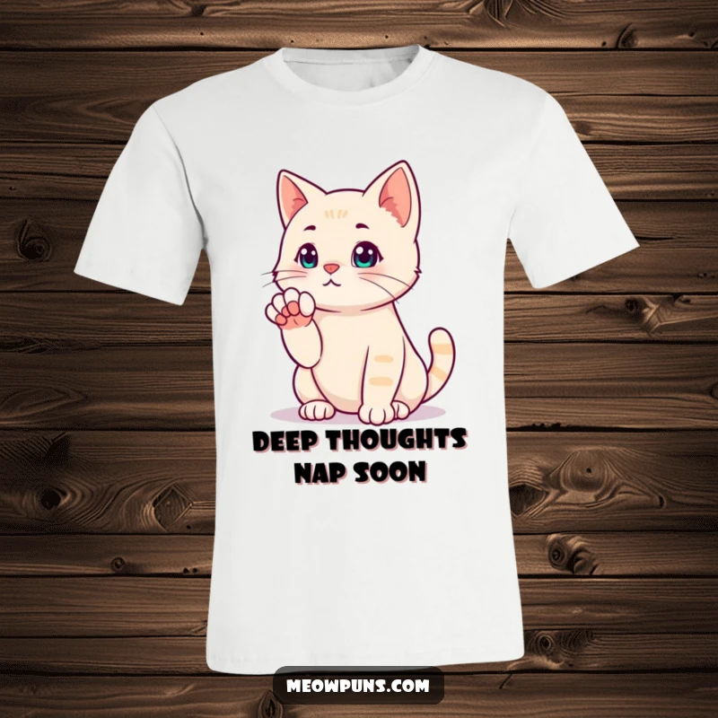 Funny t-shirt with a cat in a deep thinking pose, paw raised, contemplating profound thoughts.