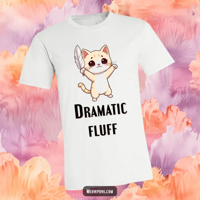 Funny Cat T-Shirt: A stylish cat in a dramatic pose, with an ethereal feather gently floating in the air beside it.
