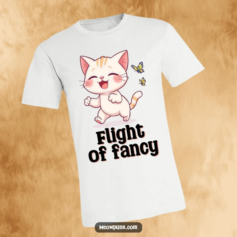 Funny cat t-shirt featuring a cute cat joyfully leaping and batting at a tiny, colorful butterfly fluttering nearby.