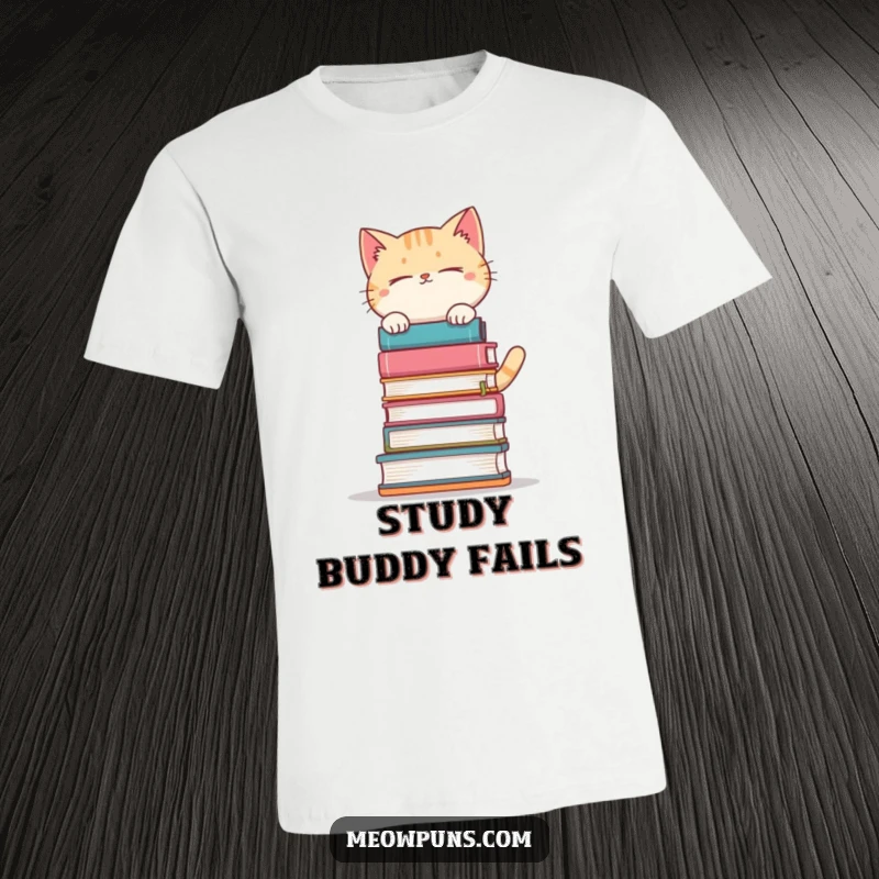 Funny cat struggling to balance a huge pile of books on a t-shirt, depicting a humorous challenge.