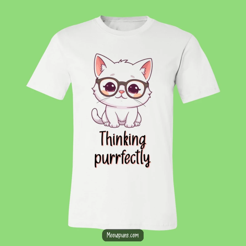 Funny Cat Glasses Tee: White Cat Thinking Shirt, Smart Feline Humorous Gift