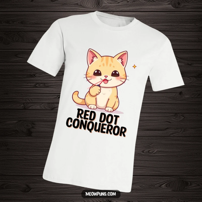 Funny t-shirt showcasing a cat holding a tiny laser pointer, looking triumphant after catching the elusive red dot.