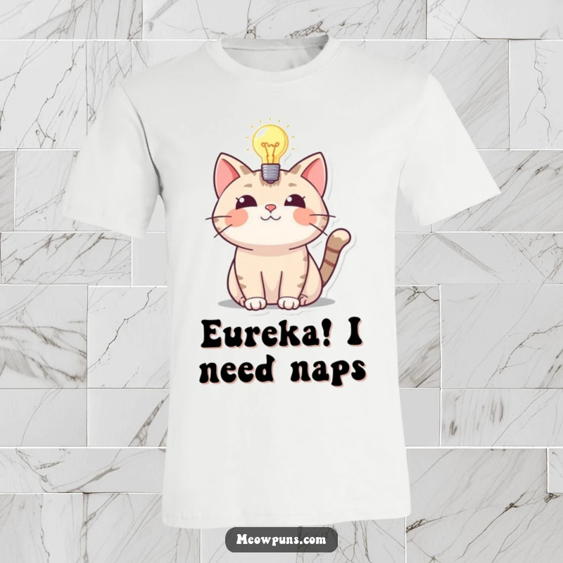 Funny t-shirt with a cat having a glowing lightbulb above its head, representing a funny and clever moment.