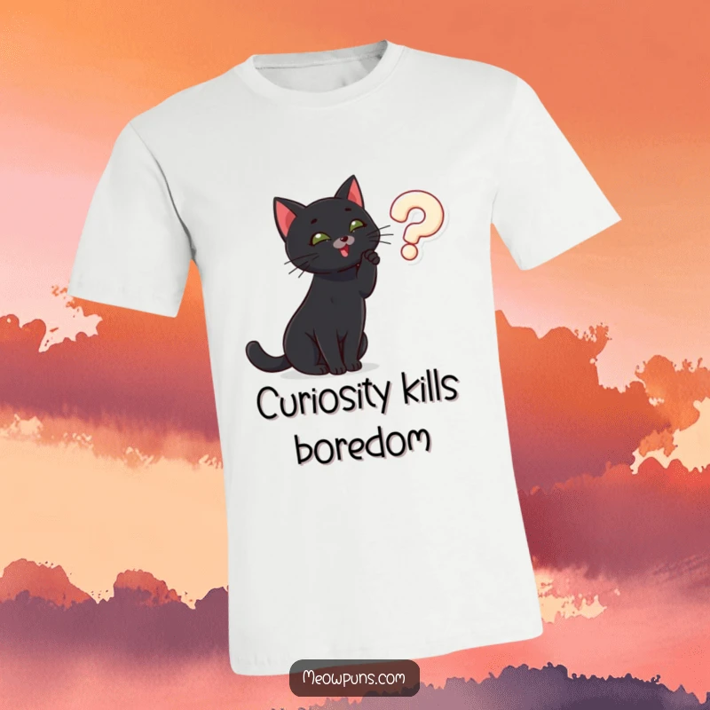 Funny black cat playfully batting at a floating question mark, printed on a t-shirt, representing curiosity and mystery.