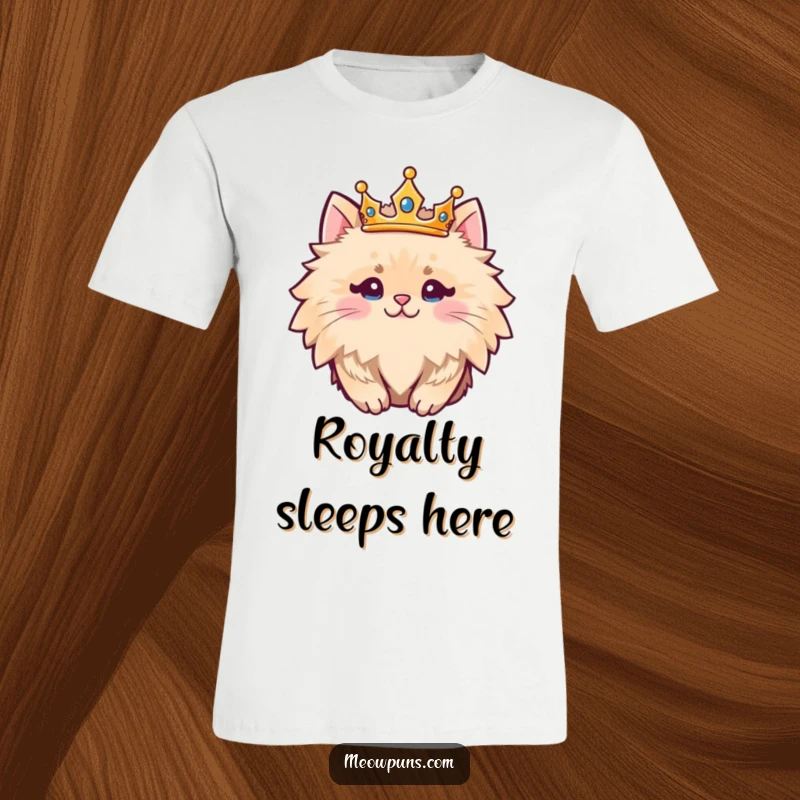 Funny fluffy cat character adorned with a golden crown, looking majestic and humorous on this t-shirt.