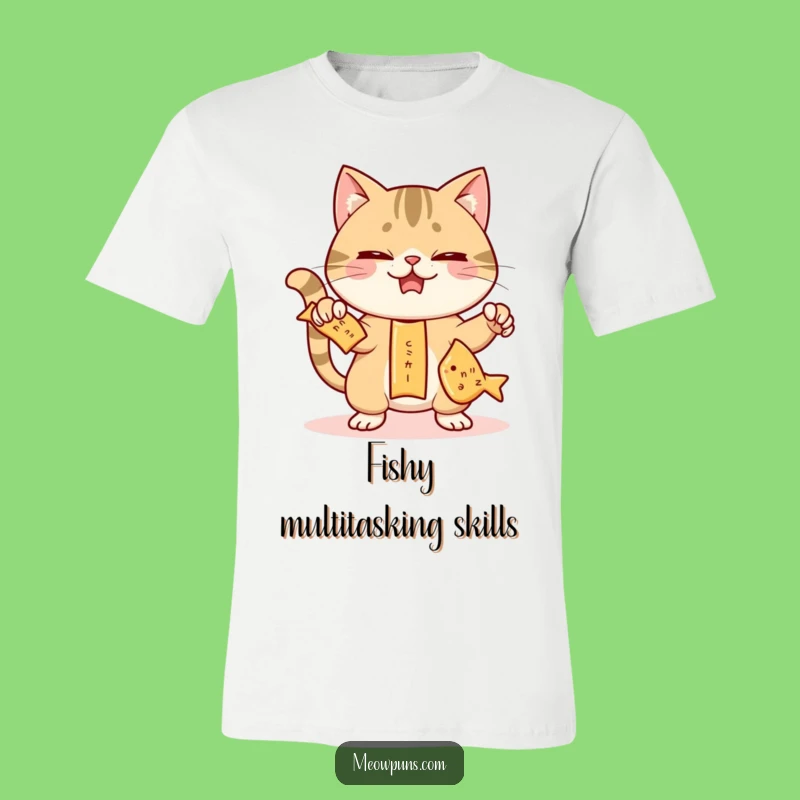Funny Juggling Cat Fish Crackers Tee: Comical Cat Antics for Snack Lovers