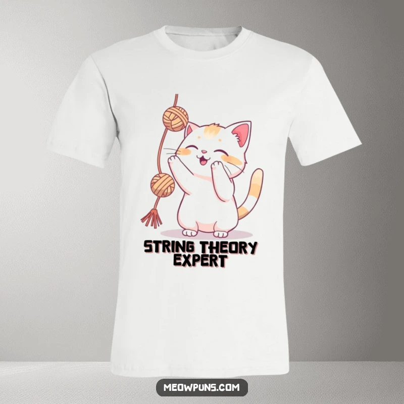 Funny cat playfully batting at a dangling yarn ball on a t-shirt, showcasing energetic and joyful feline playfulness.