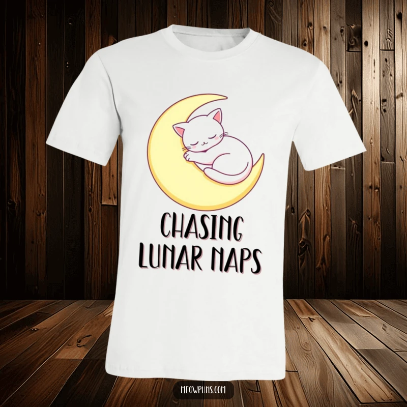 Funny Sleepy Cat Moon T-Shirt: A cat peacefully sleeps curled on a crescent moon, a humorous and cozy design.