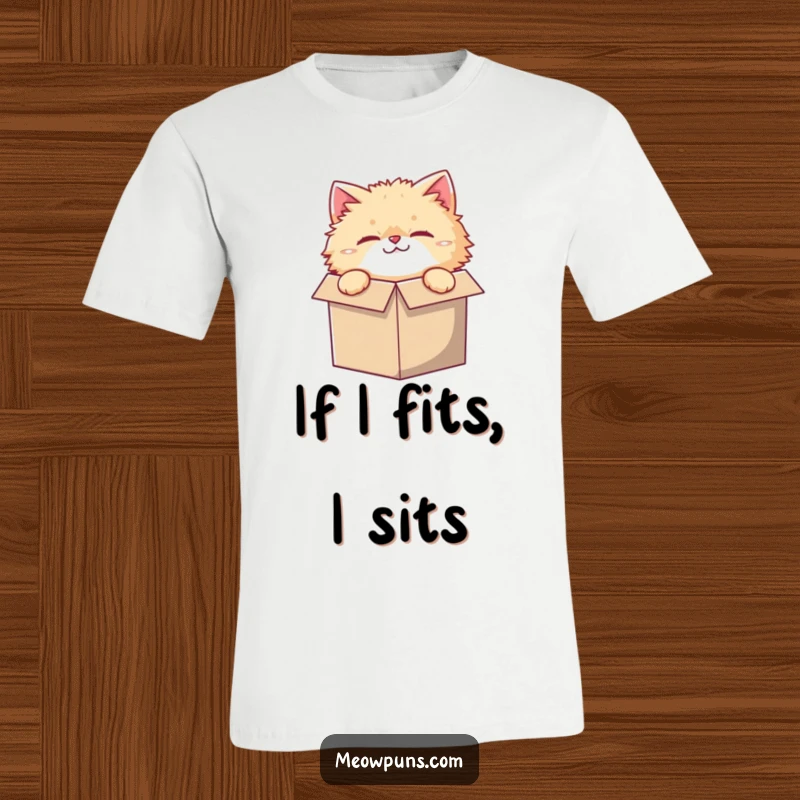 Funny t-shirt featuring a fluffy cat character, curiously peeking from a ridiculously small box, a comical design.