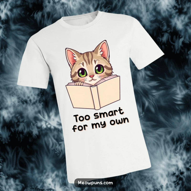 Funny Tabby Cat T-Shirt, a curious tabby cat peeks out from behind a dictionary, exuding literary wit.
