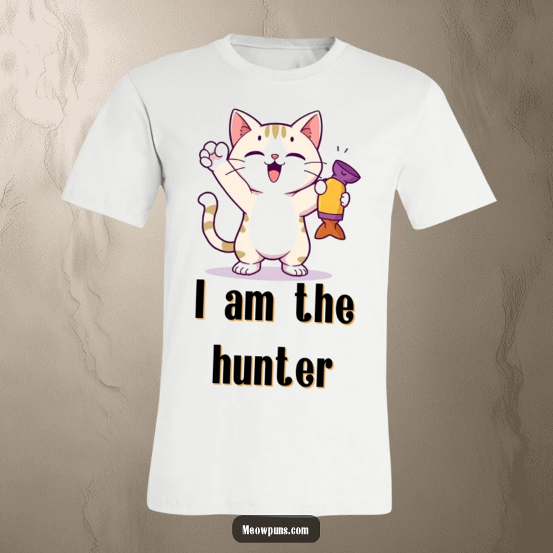 Funny cat t-shirt featuring a cute cat in a proud, triumphant pose, holding a captured toy, showcasing victory.