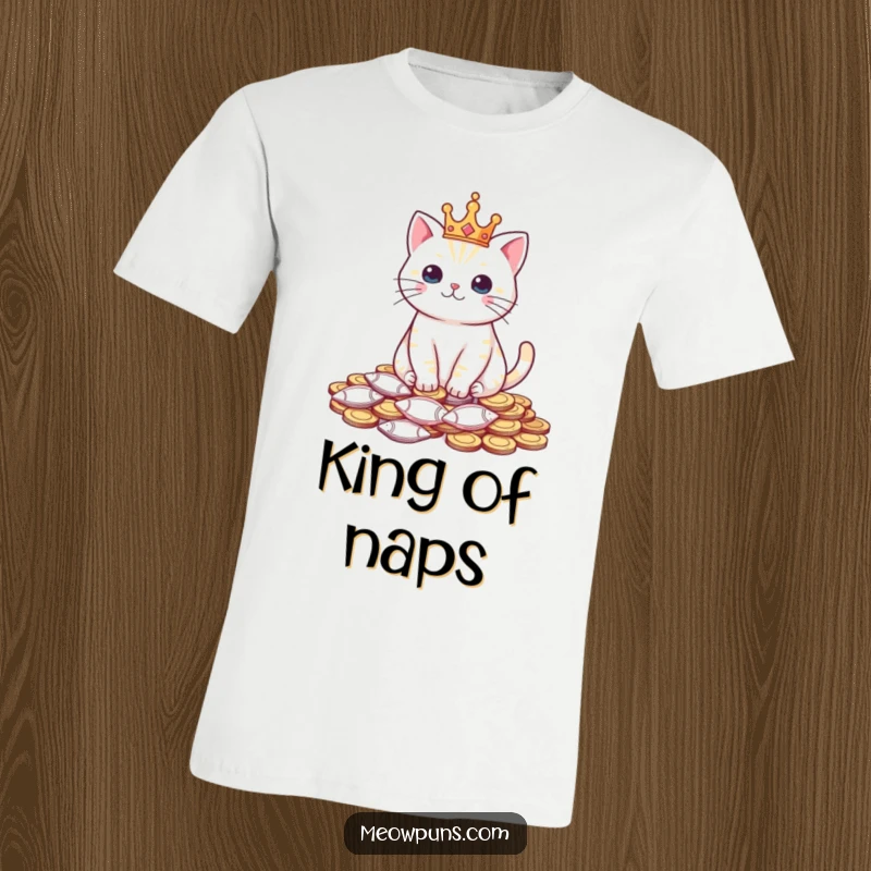 Funny t-shirt with a cat wearing a tiny crown, sitting on fish-shaped coins, humorously portraying a royal feline ruler.