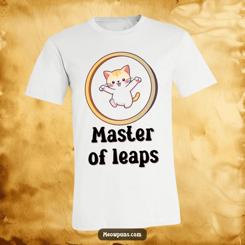 Funny T-shirt depicting a cat leaping through an 'M' shaped hoop, embodying playful acrobatics and feline charm.