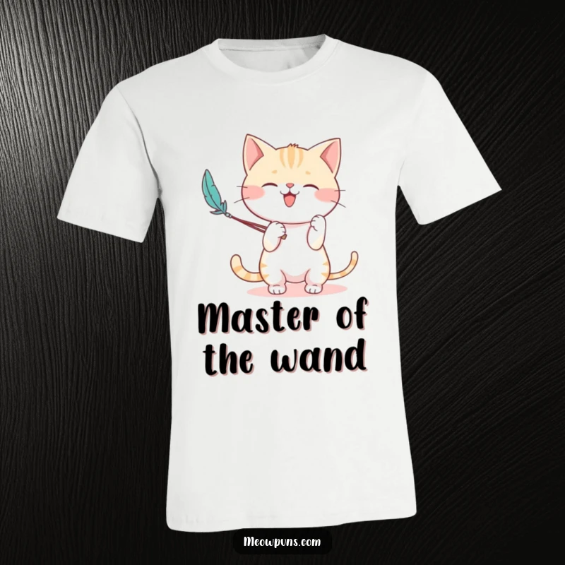 Funny t-shirt featuring a cute cat character enthusiastically playing with a feather wand, embodying feline playfulness and fun.