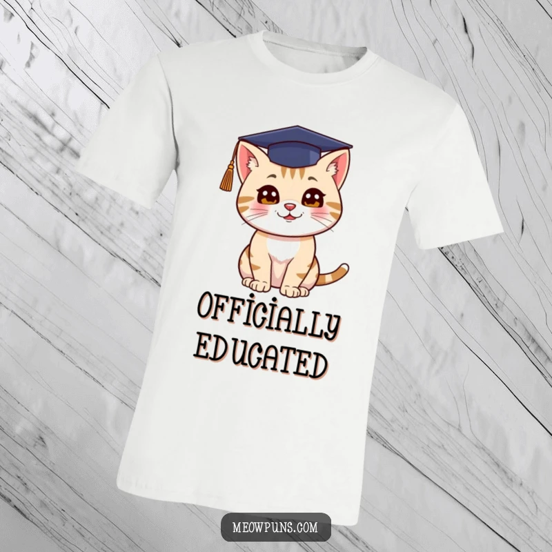 Funny t-shirt showing a cat in a graduation cap exuberantly throwing it upwards in celebration.