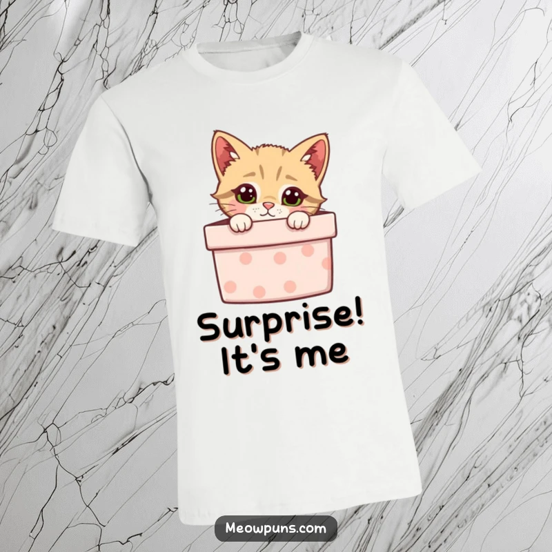 Funny t-shirt with a curious cat emerging from a gift box, showcasing a playful and humorous design.