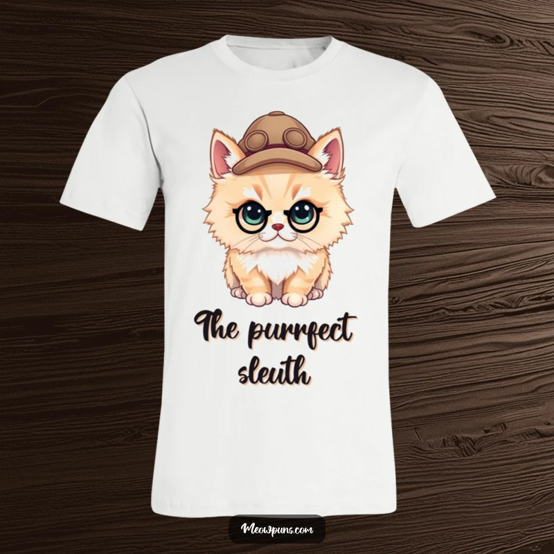 Funny fluffy cat sporting a tiny detective hat on a t-shirt, exuding a playful and curious investigative spirit.