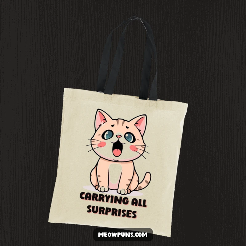 Funny Astonished Cat Tote Bag: A cat shows astonishment with an exclamation mark, a funny tote for reactions.