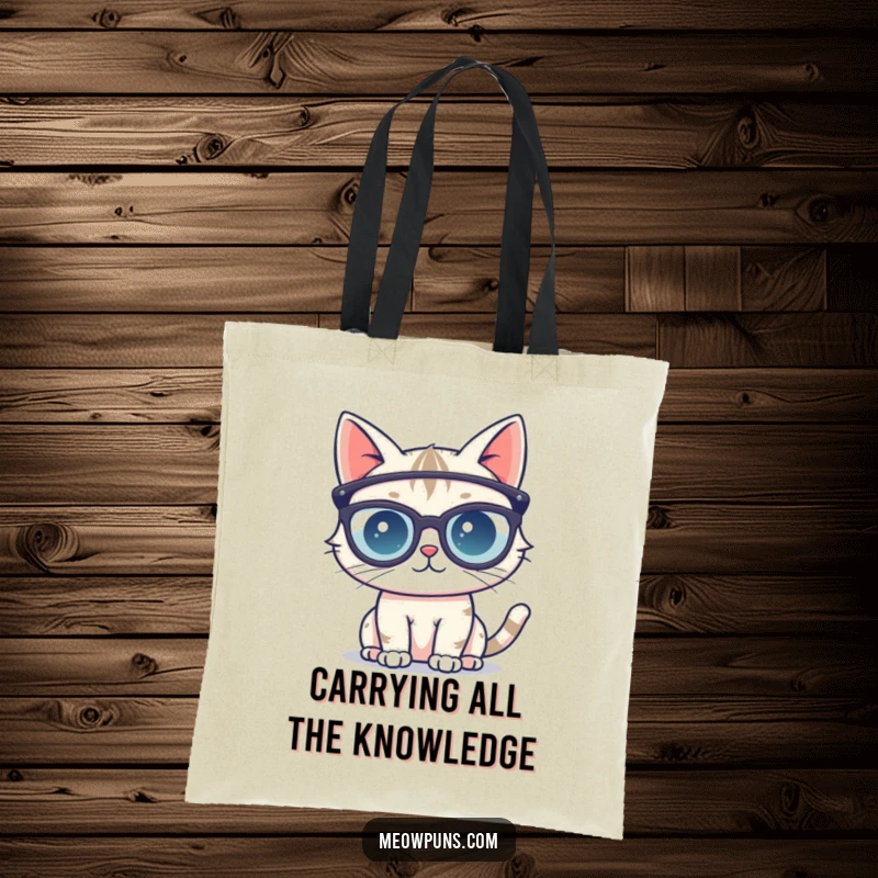 Funny tote bag featuring a cute cat character wearing oversized reading glasses, ready to carry knowledge and a dose of humor.