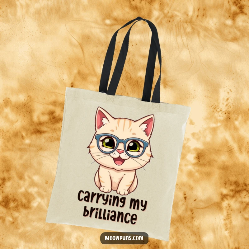 Funny tote bag with a happy cat wearing spectacles, perfect for carrying items with scholarly humor.