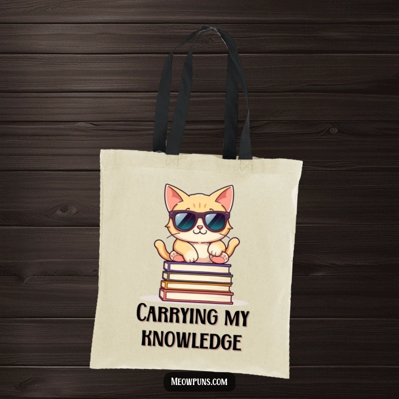 Funny tote bag featuring a cool cat with sunglasses, posing relaxed on a stack of books, ideal for carrying books.