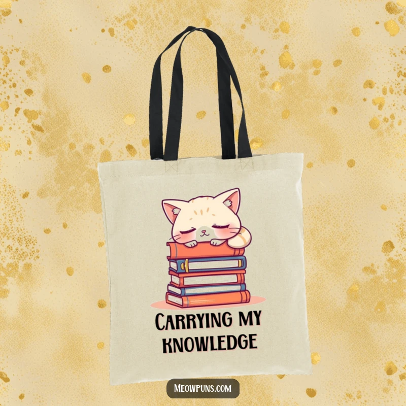 Funny tote bag illustration of a contented sleepy cat napping on a stack of books, ideal for carrying groceries or literary treasures.