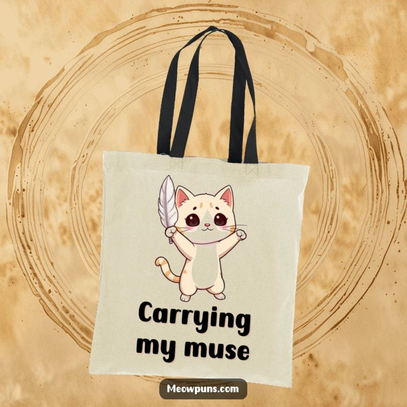Funny Cat Tote Bag: Chic illustration of a cat in a dramatic pose with a gracefully floating feather, perfect for carrying essentials.