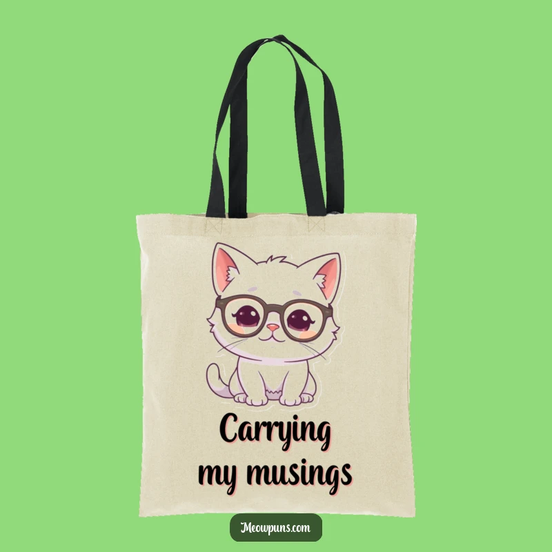 Funny Cat Glasses Tote Bag: White Cat Thinking, Intellectual Accessory Gift
