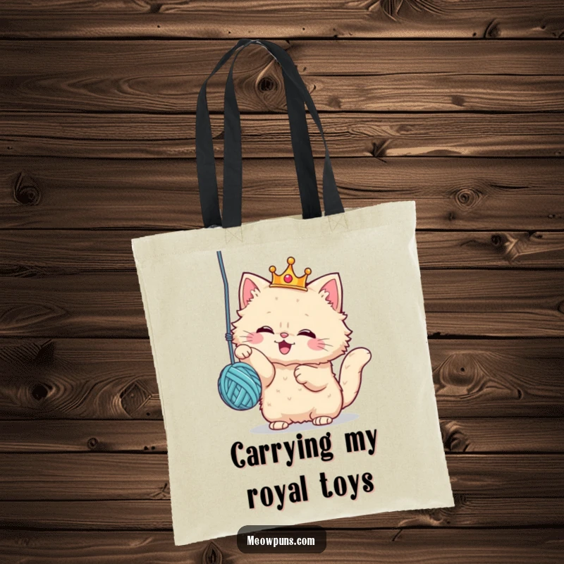 Funny tote bag with a fluffy cat wearing a crown, mid-bat at a yarn ball, conveying a sense of royal amusement and playful shopping.