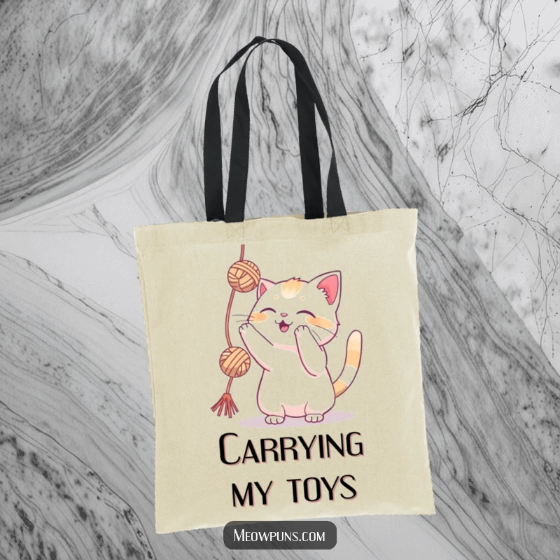 Funny cat playfully batting at a dangling yarn ball on a tote bag, perfect for carrying everyday items.