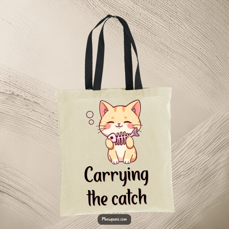 Funny tote bag with a pleased cat and a fish skeleton in its thought bubble, ideal for carrying essentials with feline charm.