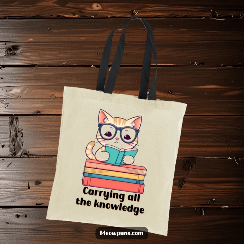 Funny tote bag with a cute cat wearing reading glasses on books, ideal for carrying books and essentials with literary flair.