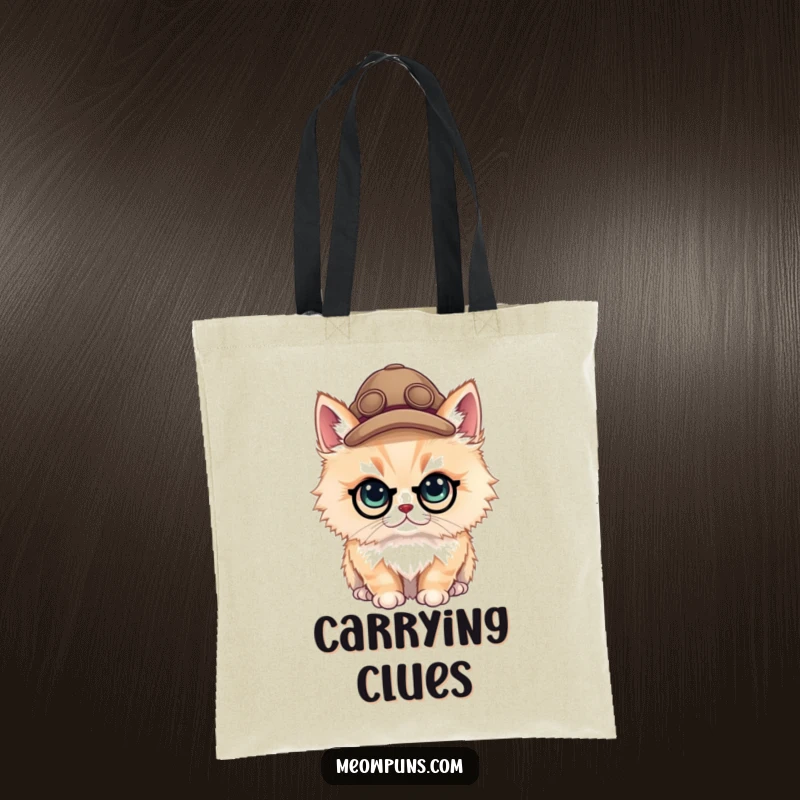 Funny fluffy cat detective wearing a small hat on a tote bag, ready to carry secrets and daily essentials.