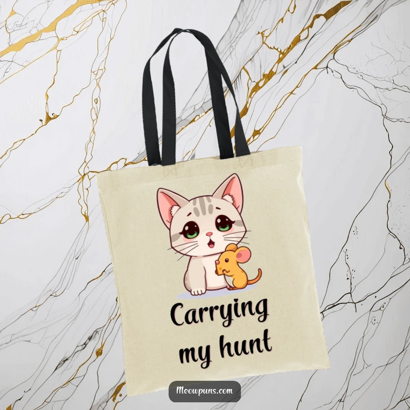 Funny tote bag featuring a surprised cat watching a mouse holding a tiny cheese wedge, perfect for carrying essentials humorously.