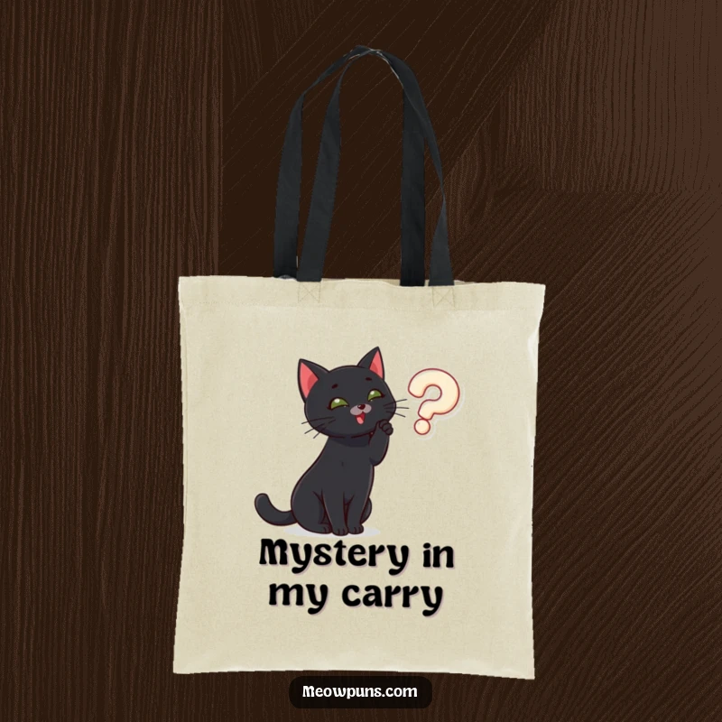 Funny black cat batting at a floating question mark, on a durable tote bag, showcasing its inquisitive and playful nature.