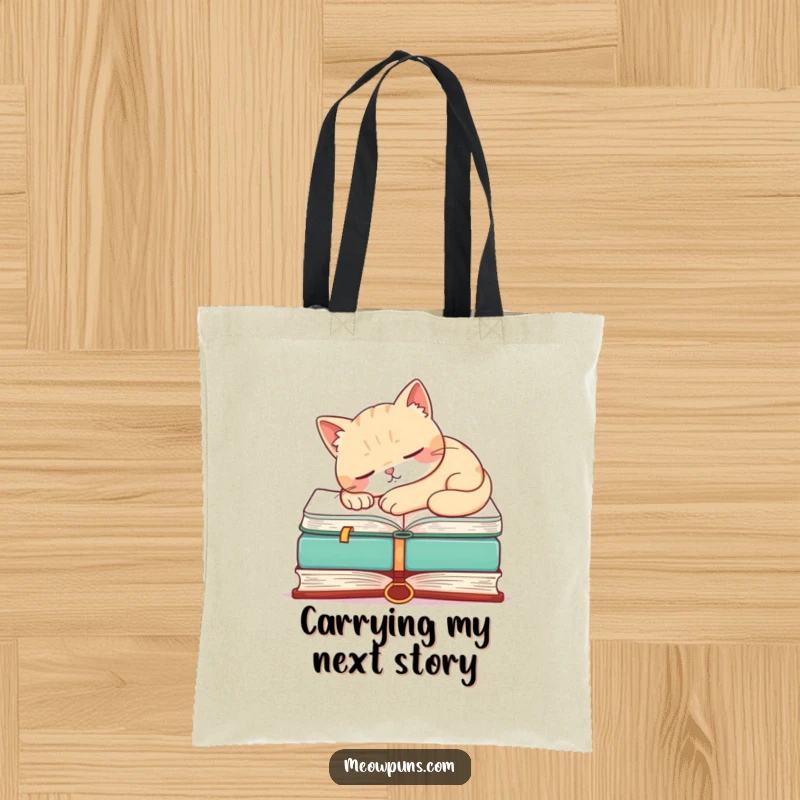 Funny tote bag showcasing a content cat sleeping soundly on a large book, a humorous and practical item.