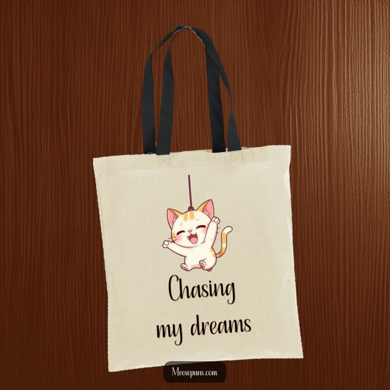Funny Cat Pounce Tote Bag, featuring a cat excitedly pouncing on a string, perfect for carrying items with a fun, playful vibe.